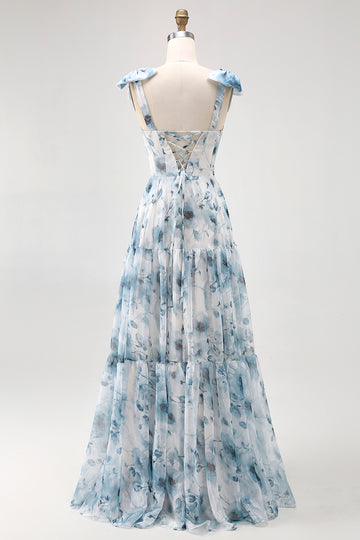 Blue Flower Printed A Line Long Bridesmaid Dress with Lace-up Back